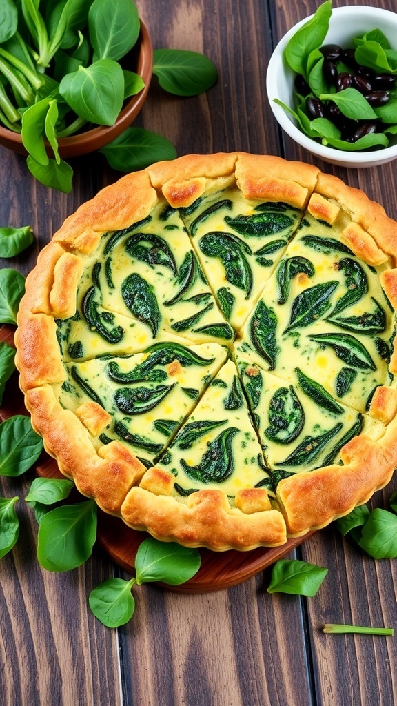 A slice of spinach quiche with a golden crust and creamy filling, garnished with fresh spinach leaves.